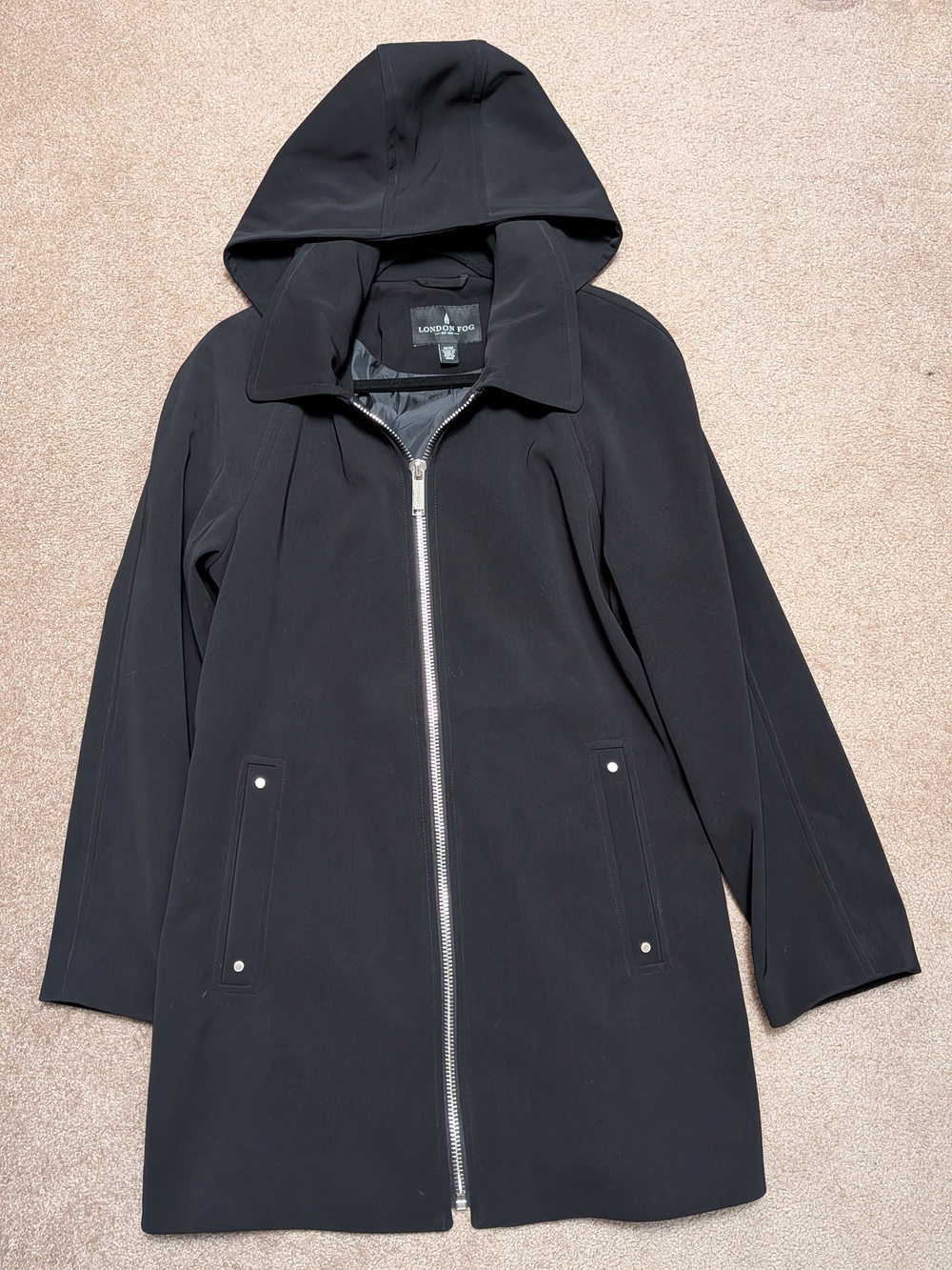London Fog Black Hooded Zip-Front Trench Coat